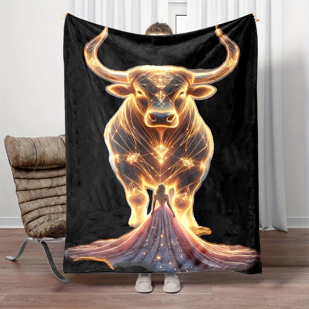 Contemporary Reversible Flannel Throw Blanket - Cartoon Bull & Woman Silhouette Design, All-Season Cozy Polyester