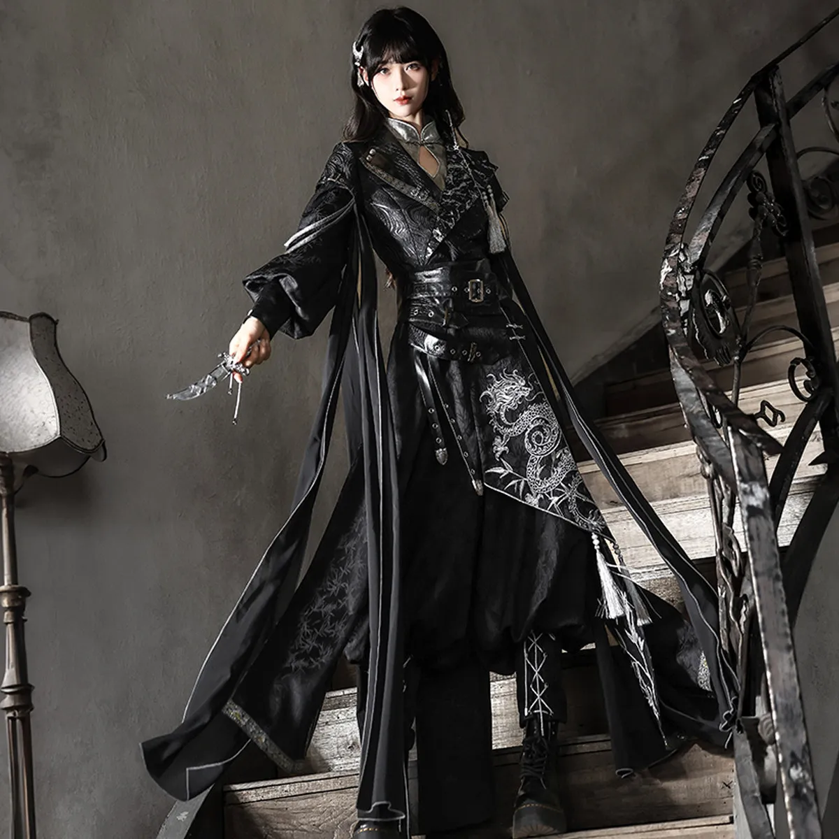 Women Improved Hanfu Set Chinese Dragon Embroidery Dark Style Han Elements Outfit Top Coat Pants Waist Seal Cosplay Costume