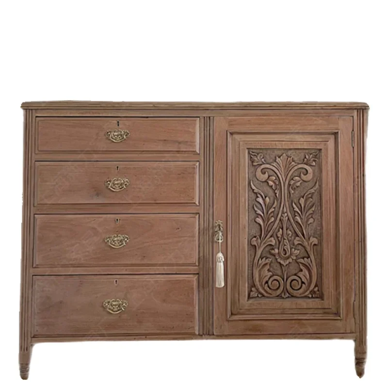 

ls 42Nordic French retro solid wood chest, dining side storage, carved and made old drawer cabinets can be customized