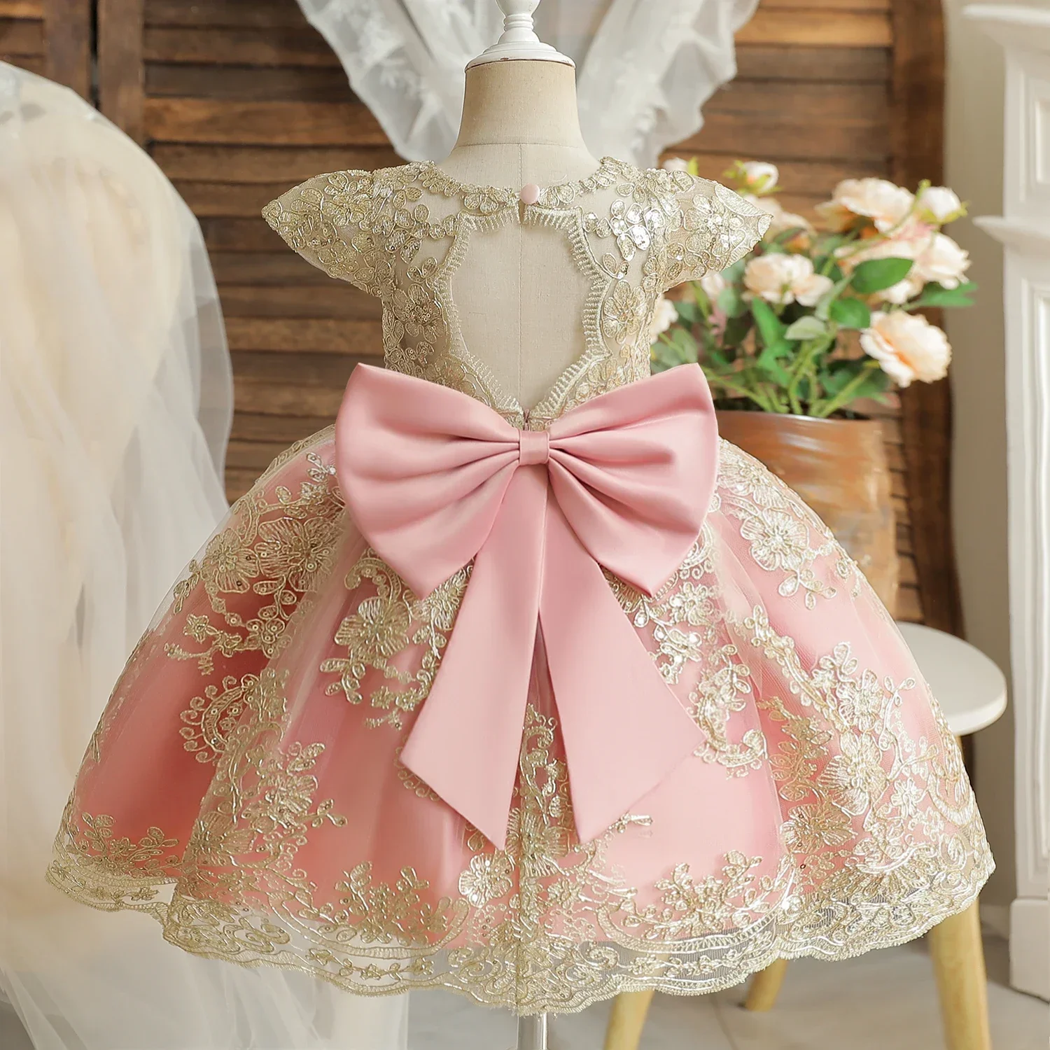 Baby Girls Dress for 1st Birthday Lace Gold Applique Gown for Child\'s Dress Toddler Tulle Dress Flower Girls Dresses for Wedding