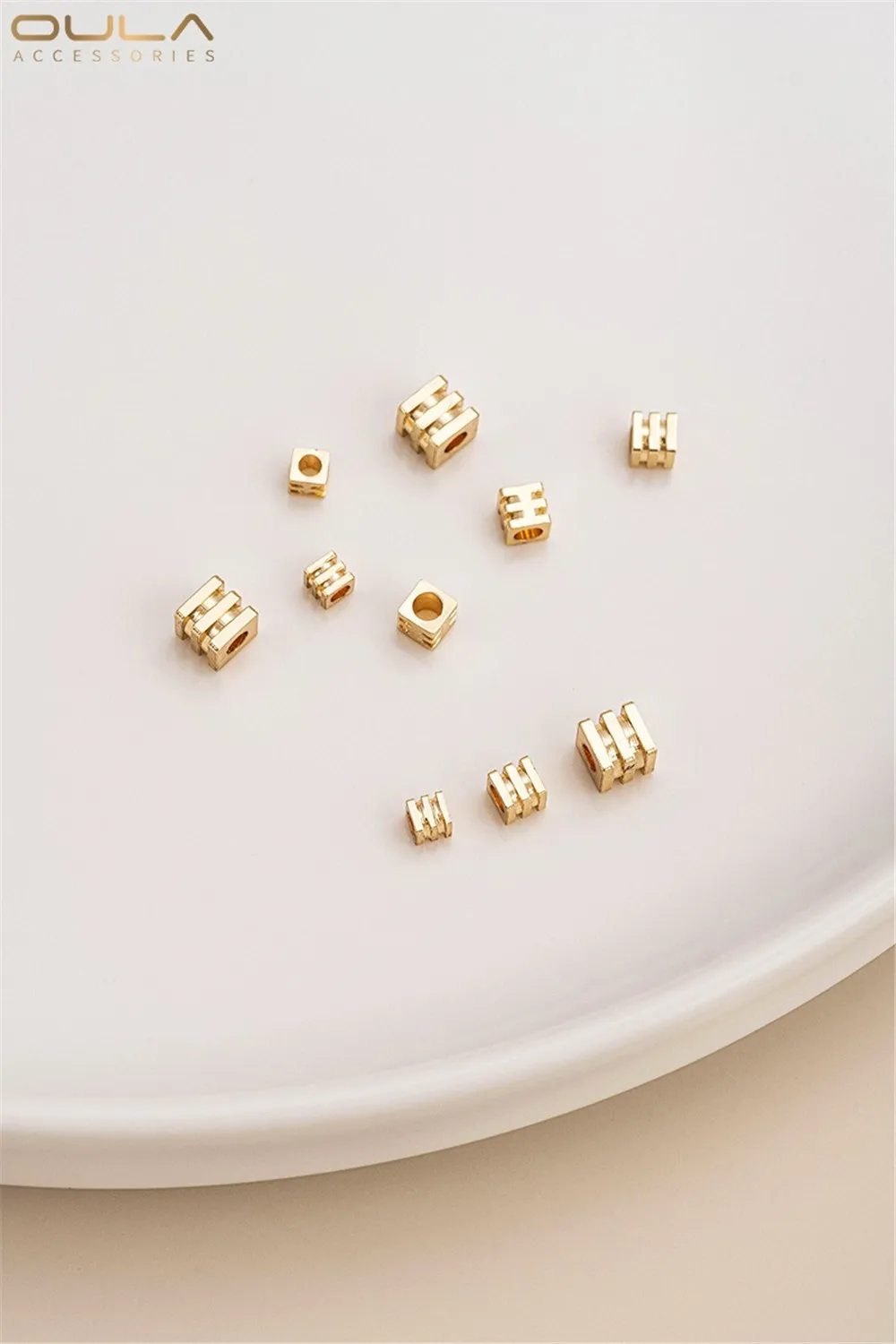 American 14K Gold-plated Square Beads, Three-line Square Loose Beads, Diy Bracelet, Necklace, String, Jewelry, Spacer Beads