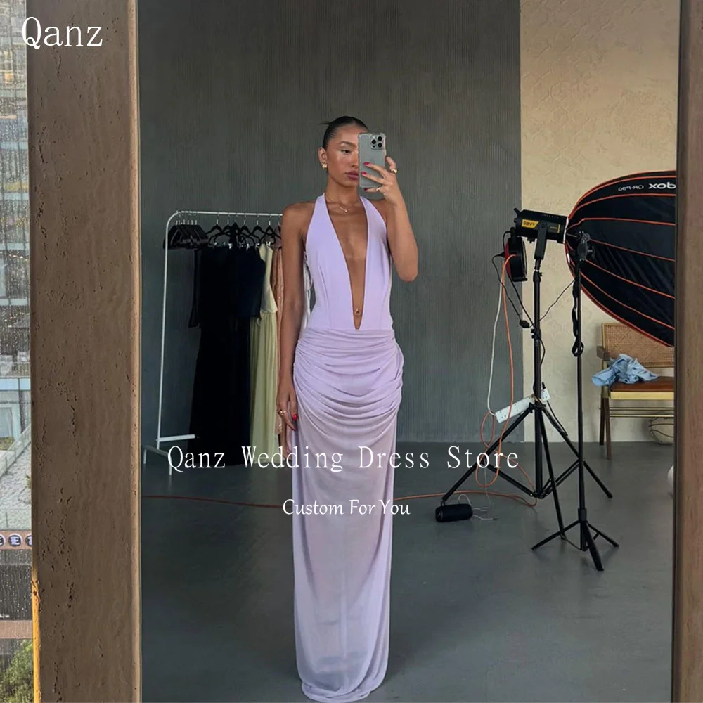

Qanz Modest Lavender Chiffon Prom Dresses Deep Veck Mermaid Illusion Vestidos De Fiesta Elegantes Evening Dress Women Customized