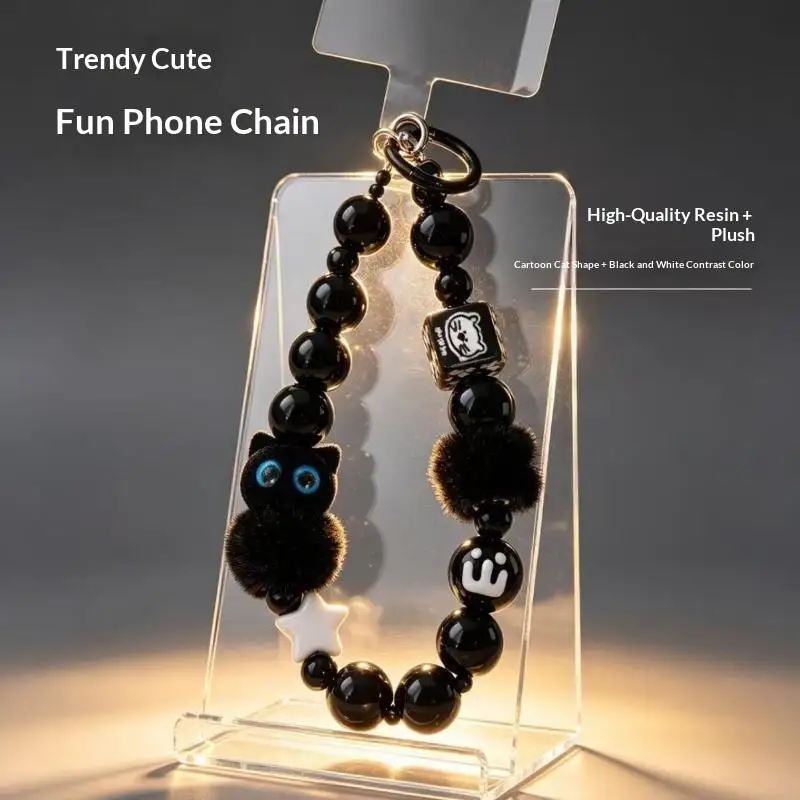 Plush Black Cat Short Wrist Lanyard Five Pointed Star Square Beaded Handheld Chain for Small Bag Decoration