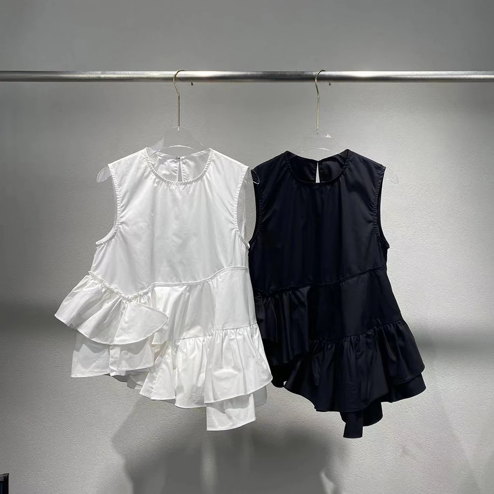 

Хлопковая женская футболка без рукавов с круглым вырезом Y2k, простые элегантные футболки с рюшами, топы, новинка весны и лета 2023 г.