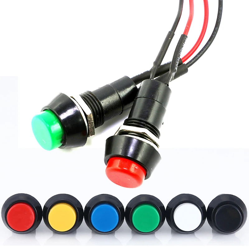 1pcs pbs-11a 12mm self-locking button switch with connecting wire pbs-305a 3A 250V AC 2pin lock key switch 6 colors