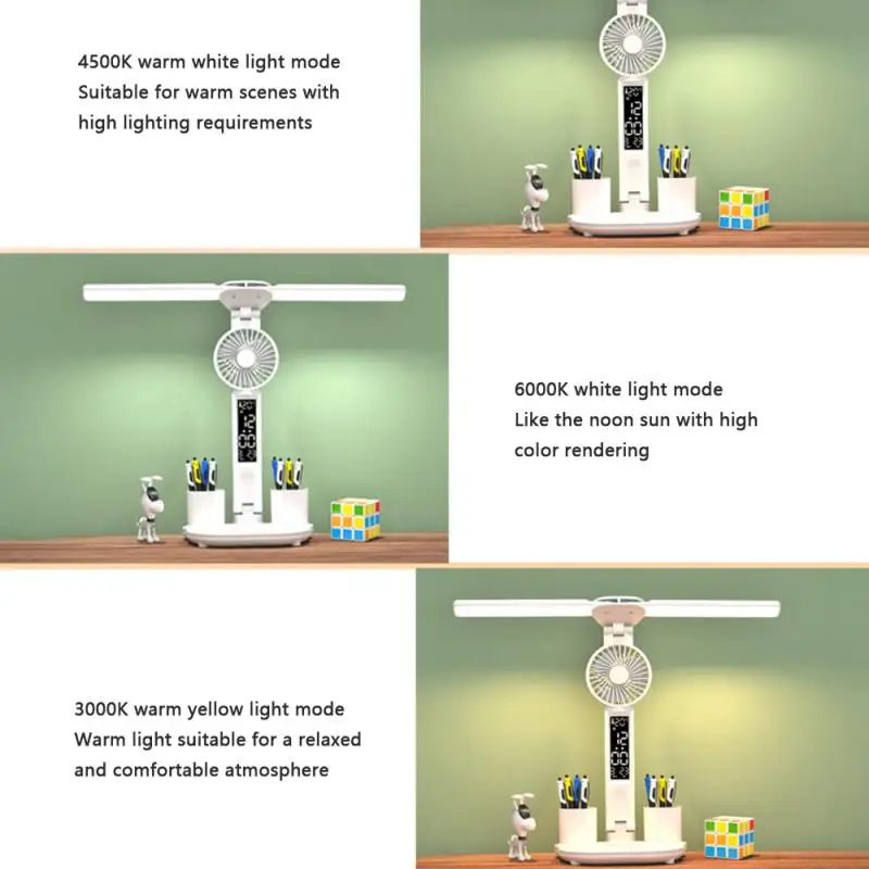 โคมไฟตั้งโต๊ะแบบชาร์จไฟได้สําหรับการศึกษา, โคมไฟตั้งโต๊ะไฟอ่านหนังสือไฟ LED พร้อมพัดลม, จอแสดงผลนาฬิกา LED อ่านโคมไฟของขวัญคริสต์มาส