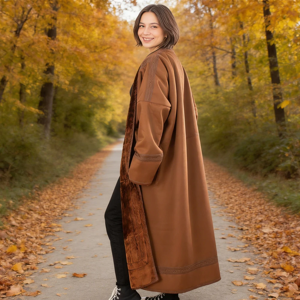

Suede Coat Women's Winter New Plus Fleece Thickened Long Jackets Dubai Open Abaya Muslim Dress Kimono Cardigan Islam Clothing