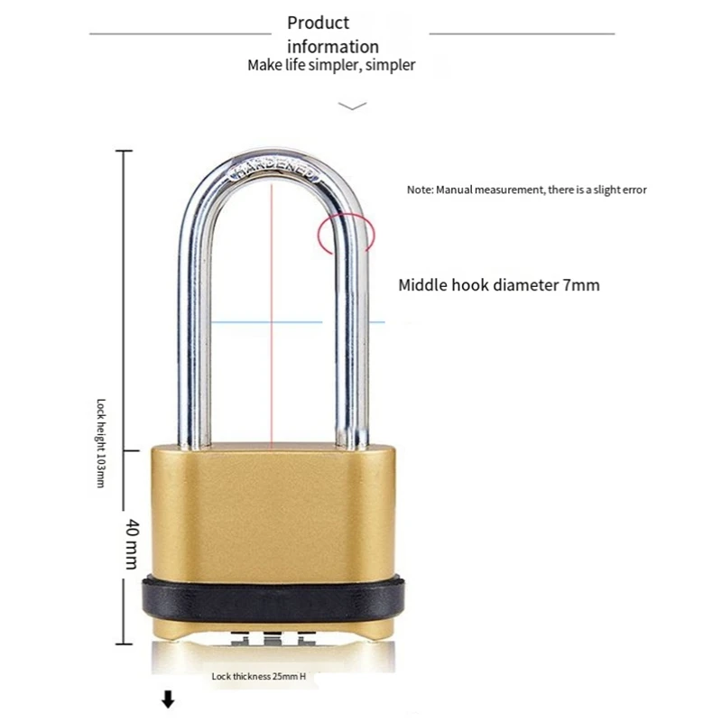 1 Piece Padlock, Extended Lock Hook Bottom Four Zinc Alloy All-Metal Long Hook Combination Lock