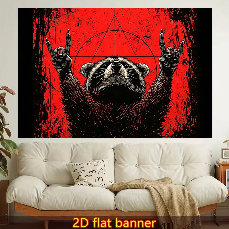1pc Stylish 2D Flat Printed Wall Tapestry, Raccoon, Rock Sign, Triangular Symbol, Colorful Aesthetics, Bedroom Aesthetics, Suitable for Living Room, Bedroom, Office
