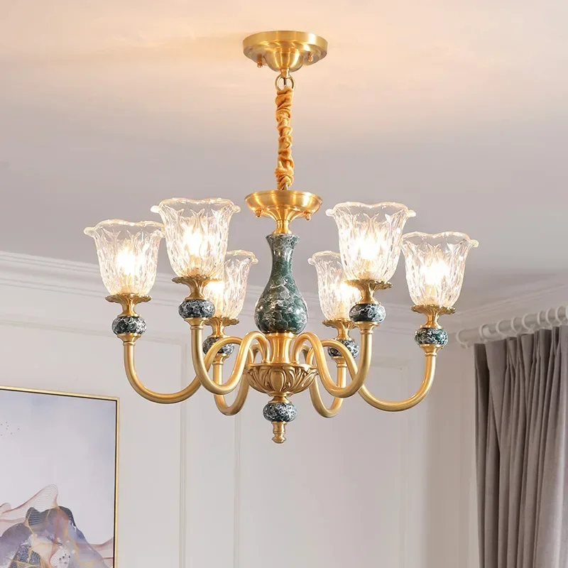 ثريا غرفة المعيشة المصنوعة من النحاس بالكامل خفيفة وفاخرة وحديثة وبسيطة بتصميم عتيق من السيراميك والزجاج وغرفة الطعام وغرفة النوم.