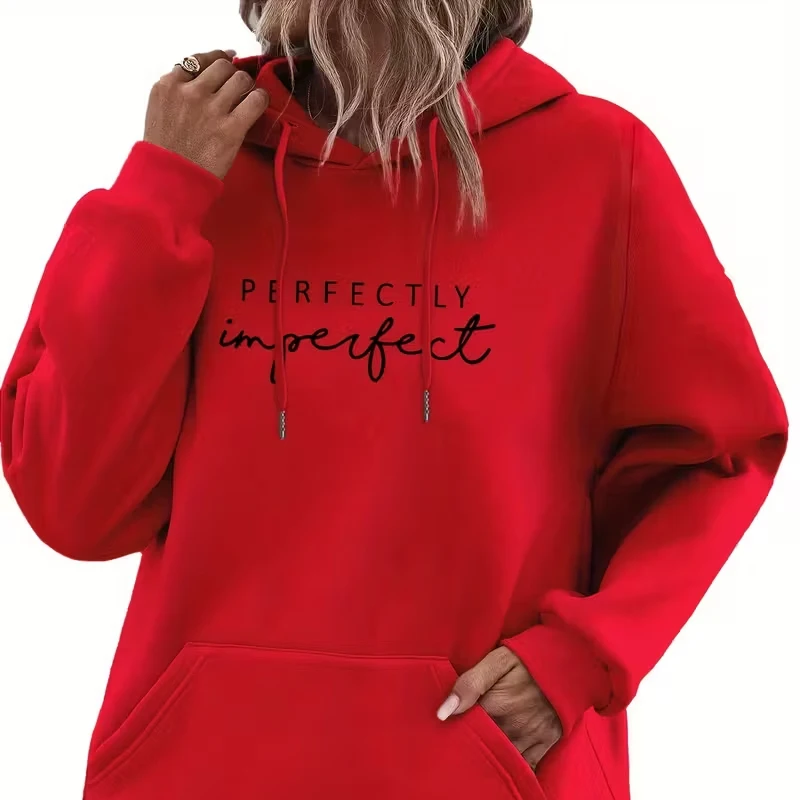 سويت شيرت نسائي بغطاء للرأس مطبوع عليه حروف مع جيوب الكنغر، غطاء رأس كاجوال برباط بأكمام طويلة، نسخة سميكة #5