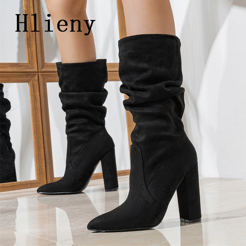 Hlieny Size 35-42 Women Winter Boots Fashion Pleated Square High Heels Sexy Pointed Toe Ankle Booties Female Shoes Black Red