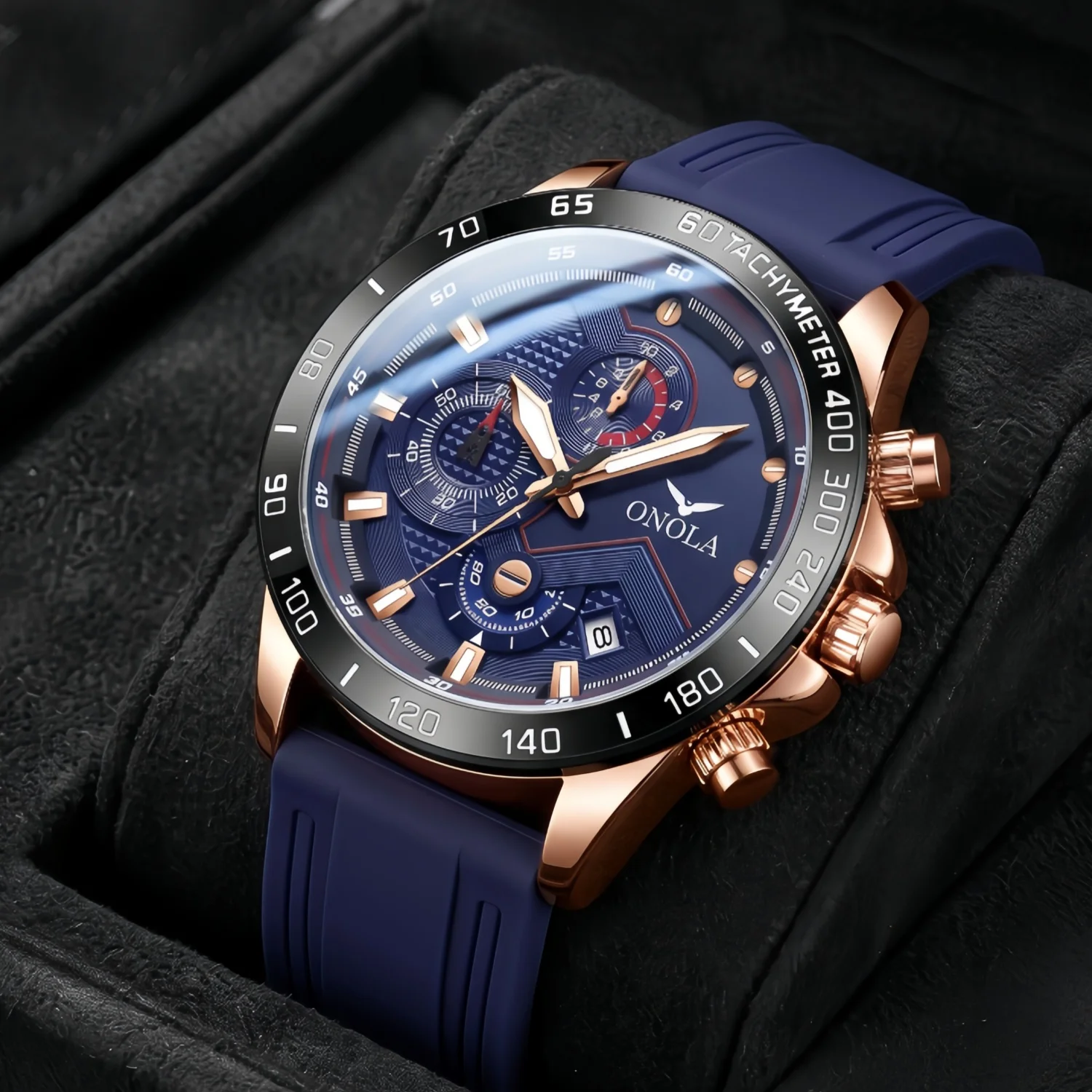 1. ONOLA Herren-Quarzuhr mit Tachometer-Lünette, multifunktionalem Nachtlicht, wasserdicht, Datum, Chronograph, Sport- und Business-Uhr