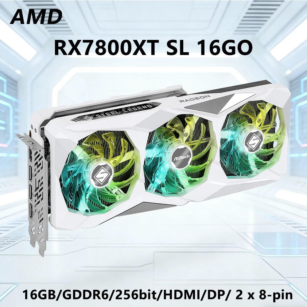 AMD RX 7800 XT 16GB GPU ASROCK RX7800XT SL 16GO Graphics Card Support 16GB GDDR6 256-bit HDMI DP 2x8-pin Triple Fans PCI-E 4.0