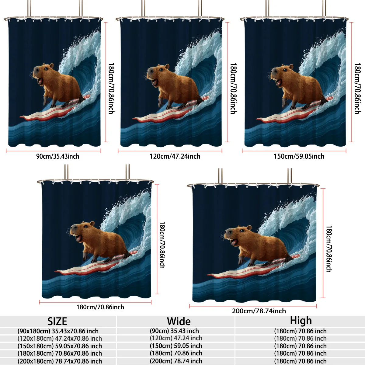 Cute Squirrel Surfing Wave Print Ocean Shower Curtain Bathroom Waterproof Novelty Liners Tropical Decoration 180x180cm