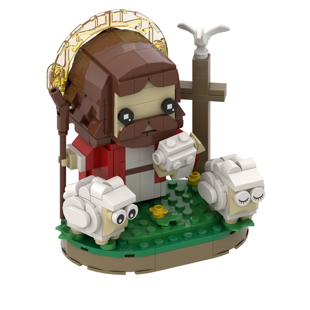 MOC Herder Jezus Kruis Creatief Ontwerp Bouwstenen DIY Bricks Sets Christelijke Priester Animal Crossing Cadeau voor kinderen