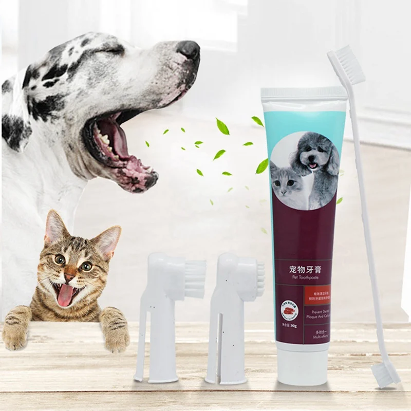 Pet Dental Care Fresh Breath Kit for Dogs Cats Vanilla Beef Flavor Toothpaste Finger Tooth Brush Dog Plaque Removal Kit