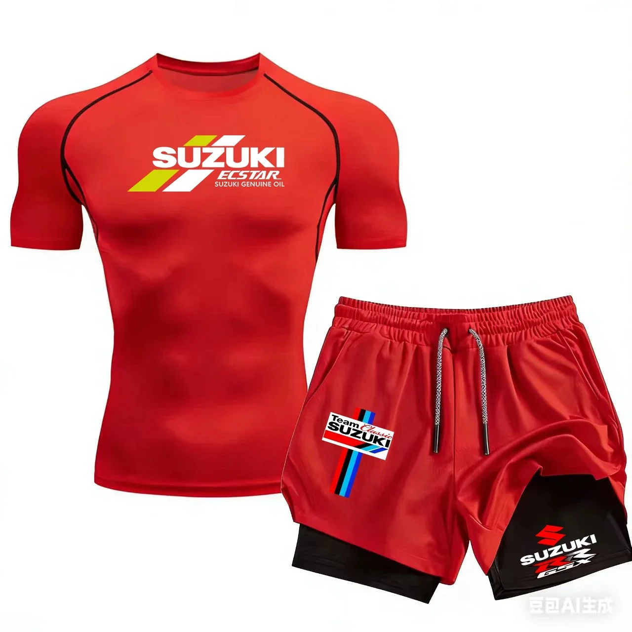 

Suzuki printed summer two-piece sports running suit, T-shirt stretch quick drying, sports anti peeping, fitness and leisure