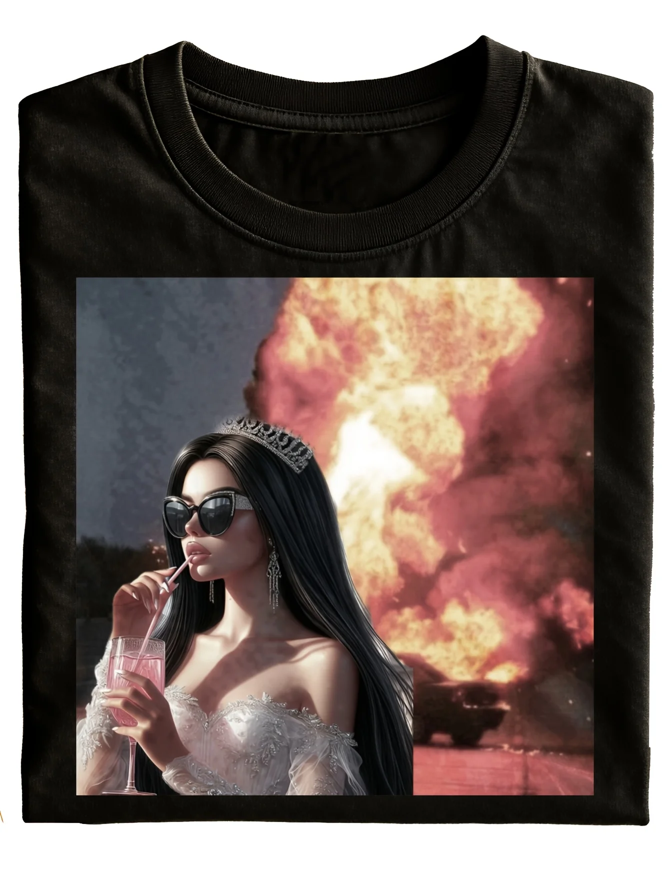 Trendy Unisex Black T-Shirt Featuring a Cool Queen Design with a Crown And a Cocktail Explosion Background, Perfect As a Fashionable Gift for Parties And Holidays. Made Of, It'S a Stylish Choice for Casual Wear in Any Season, Plus Size