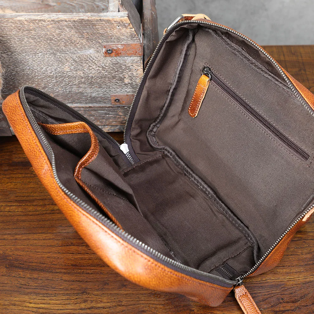S.WORKER Echtleder Herren Casual Umhängetasche Modische Vegetabil Gegerbte Rindsleder-Brusttasche Leder-Handytasche Tagesrucksack – Detail 16