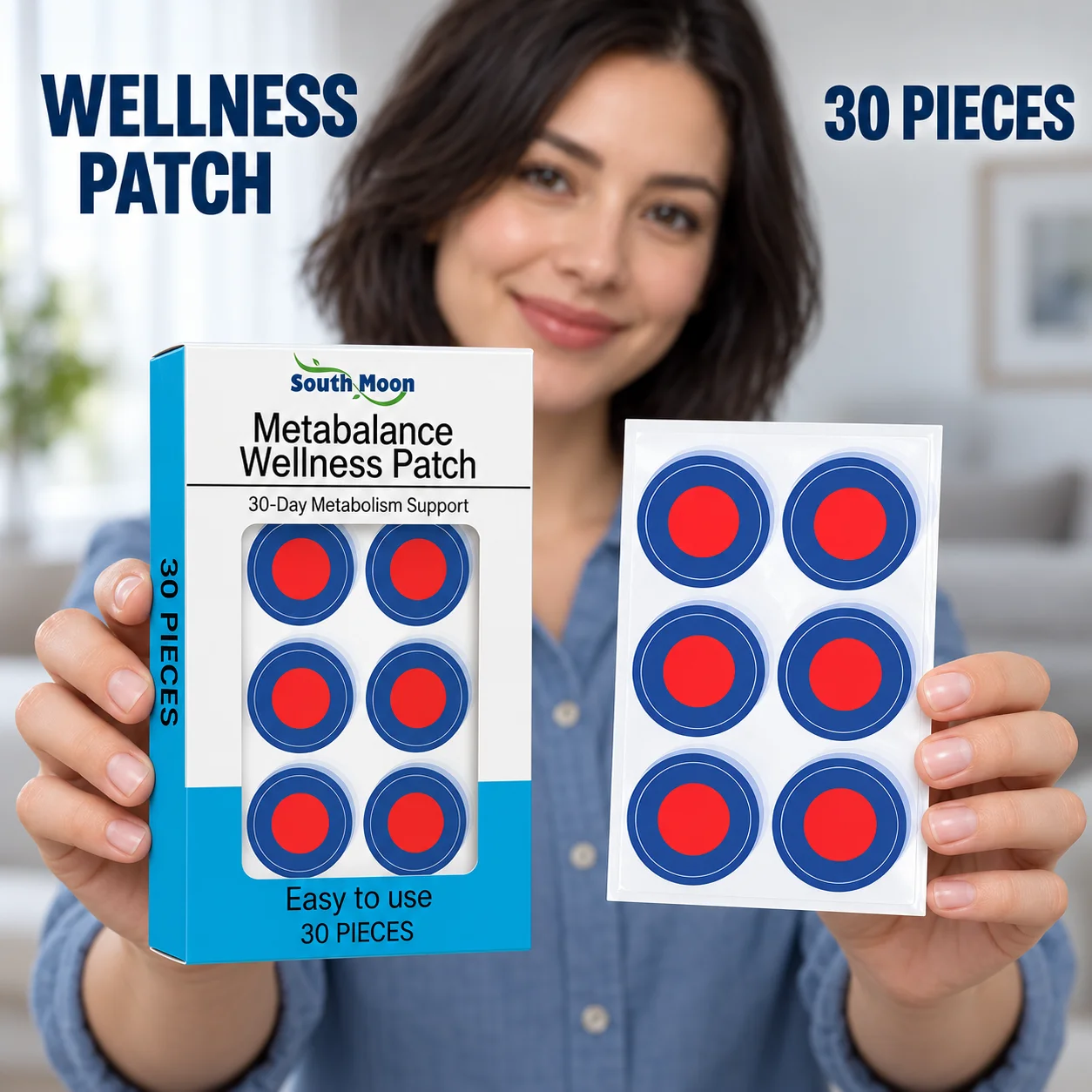 Round Body Patch Pack 30 Pieces In Blue And White Box Packaging With A Front Window Showing Blue Borders And Red Center Designs