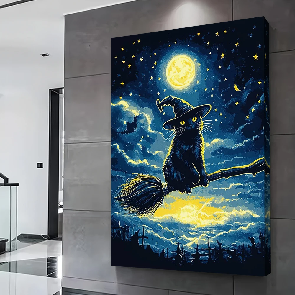 أسود القط الساحرة على مكنسة هالوين الرعب يطبع المشارك مخصص حائط لوح رسم الفن غرفة زينة ديكور صورة المنزل