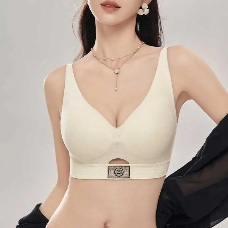 Women's Underwear Stylish  Seamless Letter Bra For Women With A Pull-out Anti-sag Semi-fixed Push-up Hollow-out Bra Cover Thin