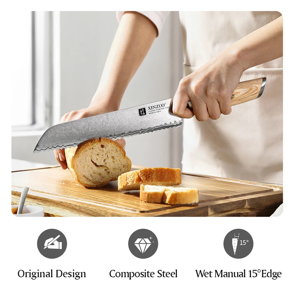 XINZUO 8.5\'\' Serrated Bread Knife Clad Steel Long Baguette Cutter Stainless Steel Loaf Bread Slicer Cake Cutting Kitchen Knives