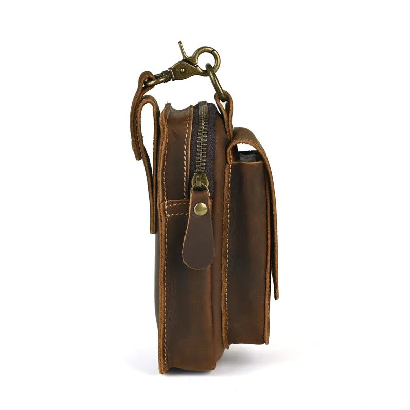 Vintage Crazy Horse Leather Belt Bag, Top-Grain Cowhide Waist Pack with 7