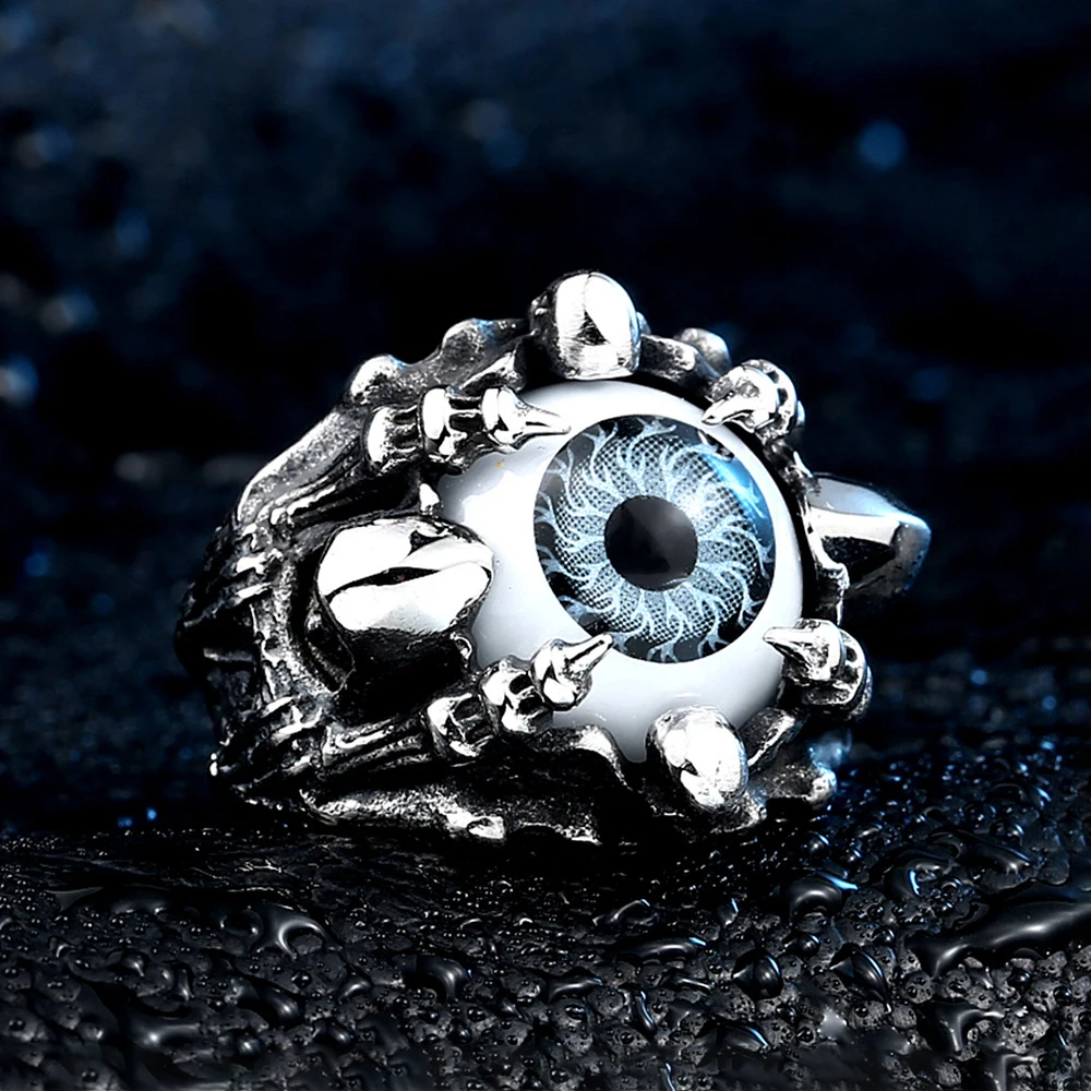 Gothic Evil Eye Rings Green/Bule Eyeball Skull Claw Ring Men Women Stainless Steel Punk Hip Hop Jewelry Wholesale Halloween Gift