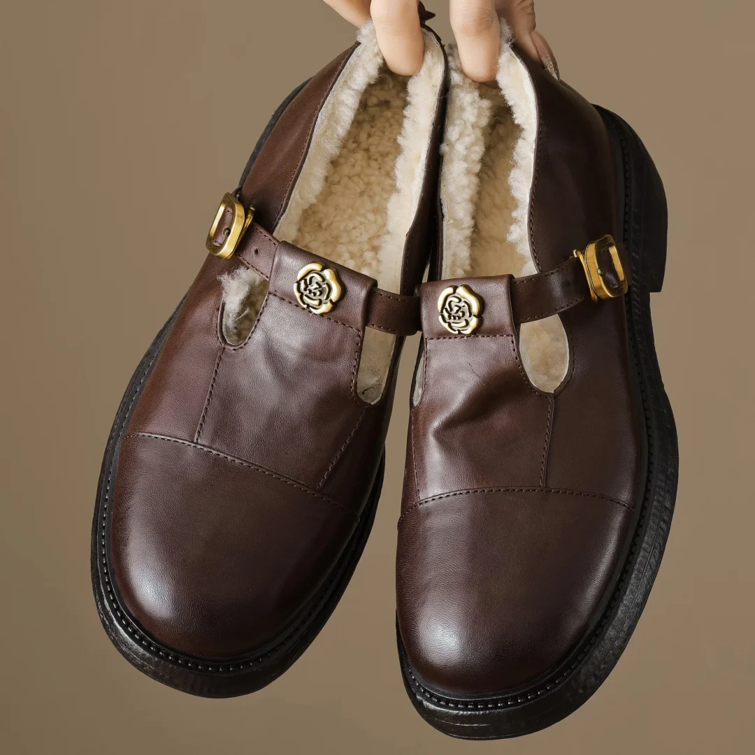 

Flokathy women's genuine leather narrow band t-strap wool inside winter flats loafers high quality soft comfort warm winter shoe