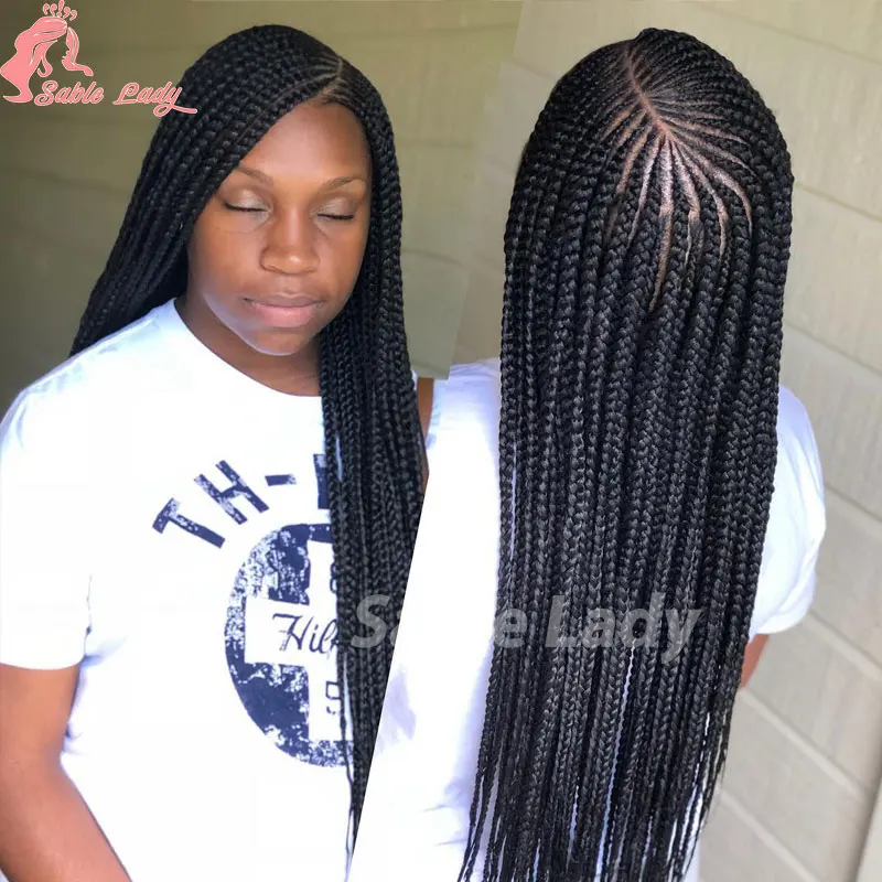 Perucas sintéticas trançadas frontais de renda cheia para mulheres negras, parte lateral, perucas trançadas com cabelo de bebê, afro-americano, 36 pol