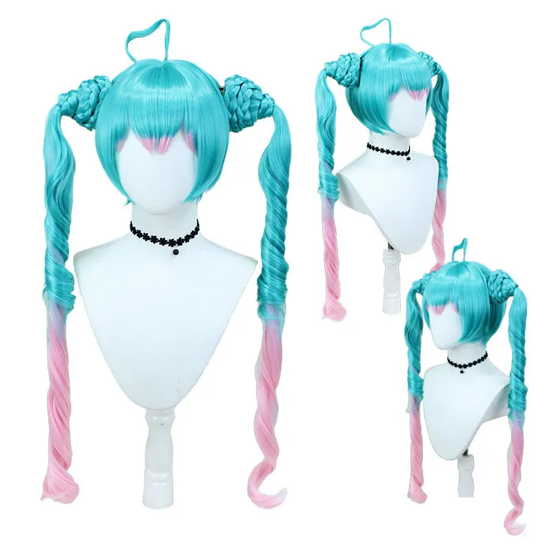 

Long Anime Cosplay Wigs Fiber Heat Resistant Synthetic Hair Double Ponytail Blue Pink Color Blocked Wig