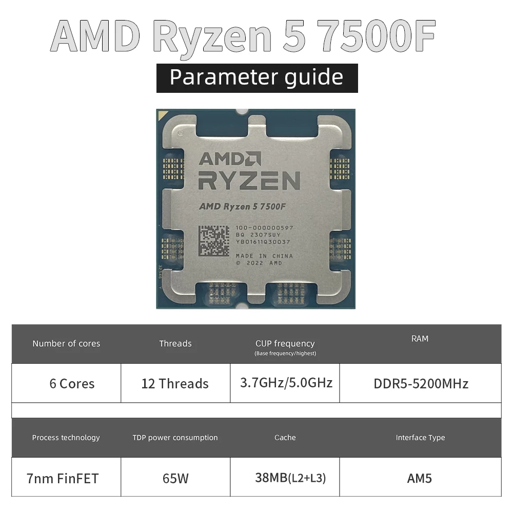 AMD Ryzen 5 7500F R5 7500F 3.7GHz 6-Core 12-Thread CPU Processor 5NM L3=32M 100-000000597 Socket AM5 New Sealed and without fan