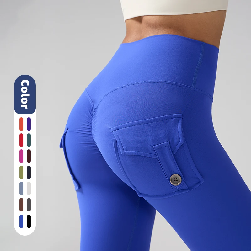 Leggings de Yoga Cargo taille haute pour femmes, collants de gymnastique solides en Spandex avec poches pour le sport, la course à pied et l'entraînement