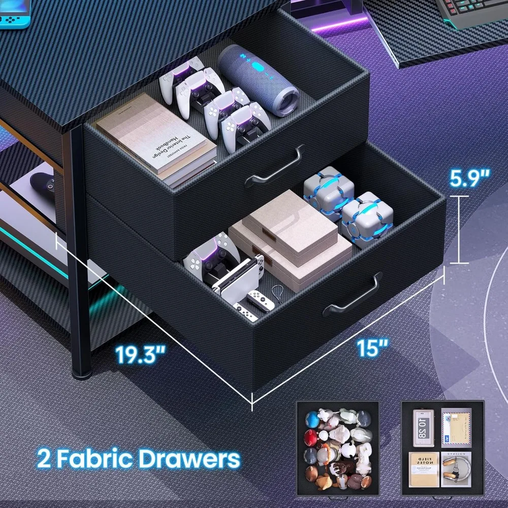 مكتب ألعاب على شكل حرف U مع أدراج قماشية، وشريط طاقة، وأضواء LED، وتخزين لإعدادات الكمبيوتر الطويلة #4