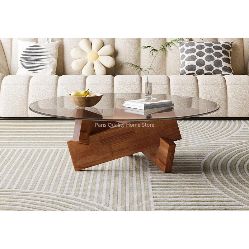 

Glass Coffee Table Household Small Solid Wood Round Living Room Modern Creative Combination Simple Fashion Coffee Table