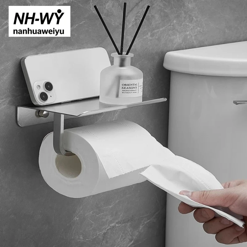 Punch Installation/No Punch Wall Mounted Roll Paper Rack 304 Stainless Steel Paper Toilet Mobile Phone Rack Shelf