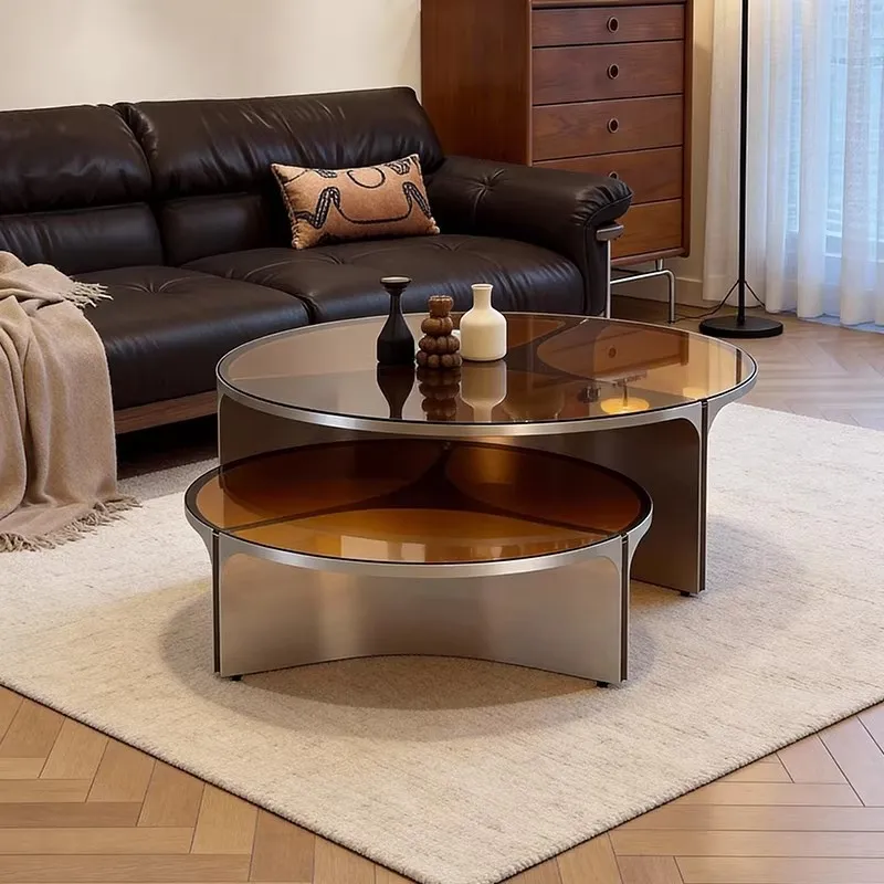 

Italian minimalist stainless steel round coffee table combination light luxury glass child