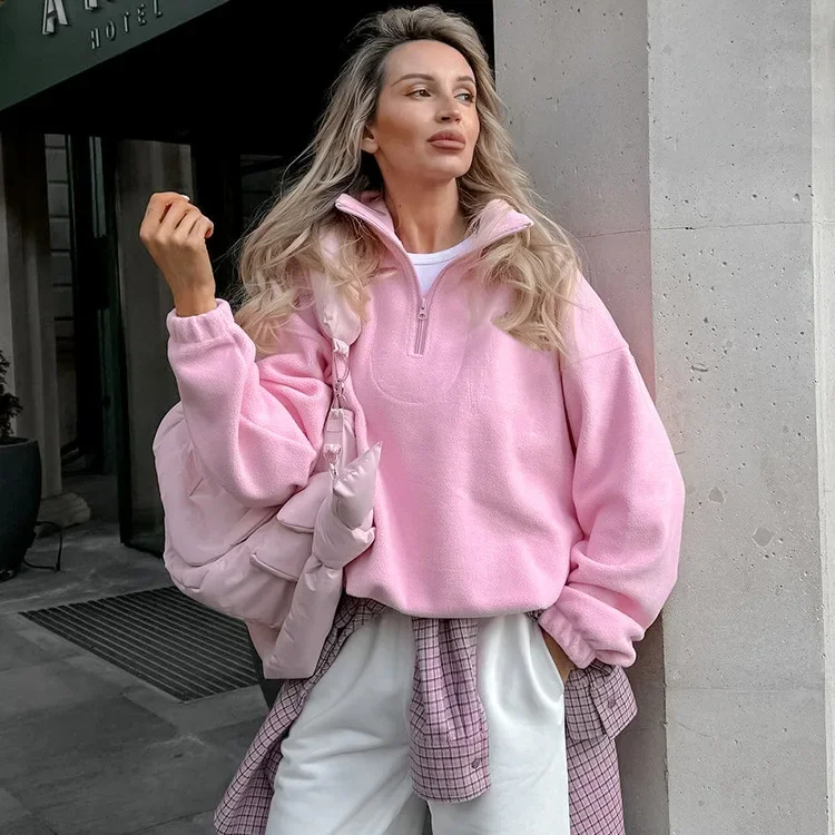 

Fmxires New Winter Jacket Wool Long Sleeved Hooded Sweatshirt Casual Fashion Loose Solid Color Zipper Lapel Pullover Sweatshirt