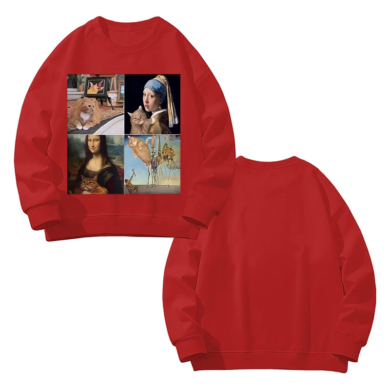 パーカー女性猫油絵プリント面白いグラフィックプルオーバースウェット長袖カジュアルレッドトップス原宿服 2025