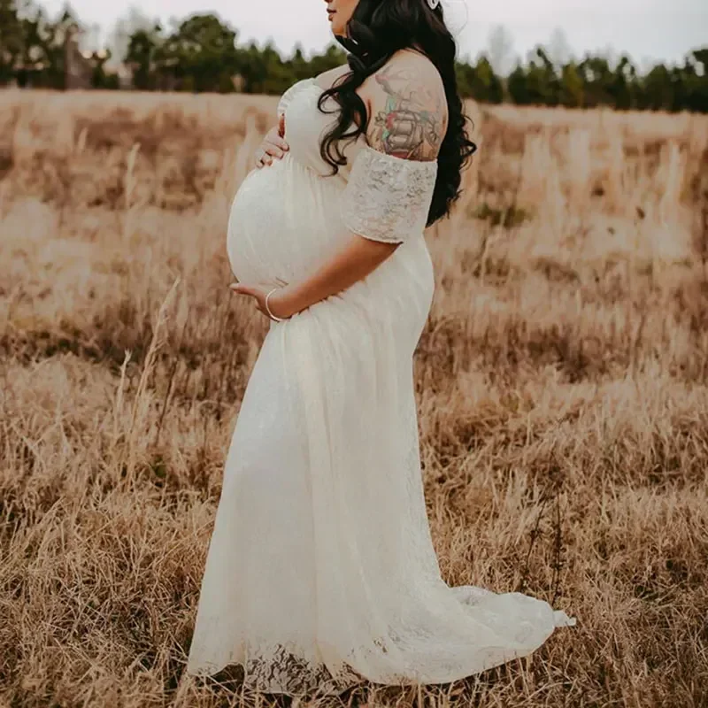 Vestido largo de encaje Floral para mujer embarazada, maxivestido de maternidad con hombros descubiertos, para Sesión de fotos de Baby Shower