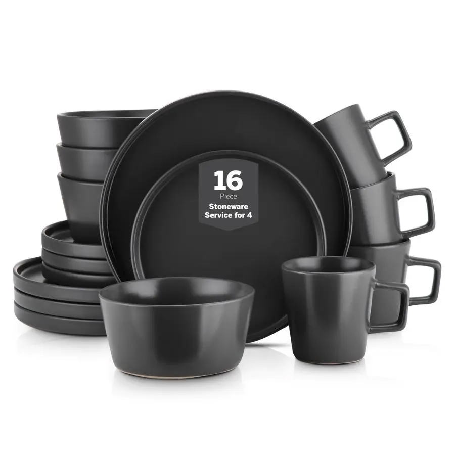 

Celina Stoneware 16 Piece Dinnerware Set, Plates and Bowls, Black Matte Dish, Service for 4 Minimalist Round Style, Microwave a