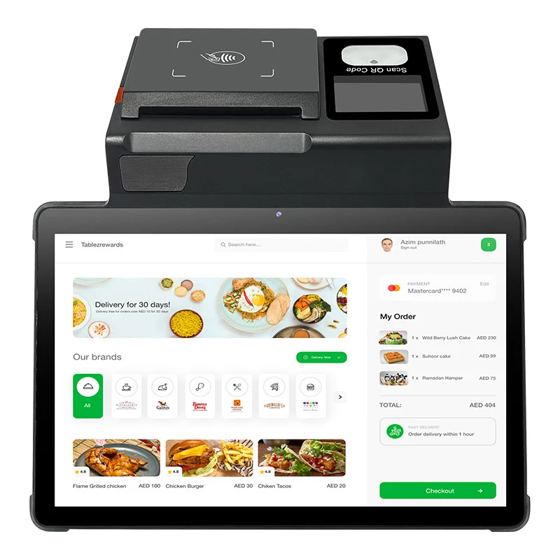 وظيفة مونتي 11 بوصة أندرويد 12 محطة POS مع طابعة 80 مم Loyverse سطح المكتب POS 4G WIFI BT اتصال 2D ماكينة تسجيل المدفوعات النقدية