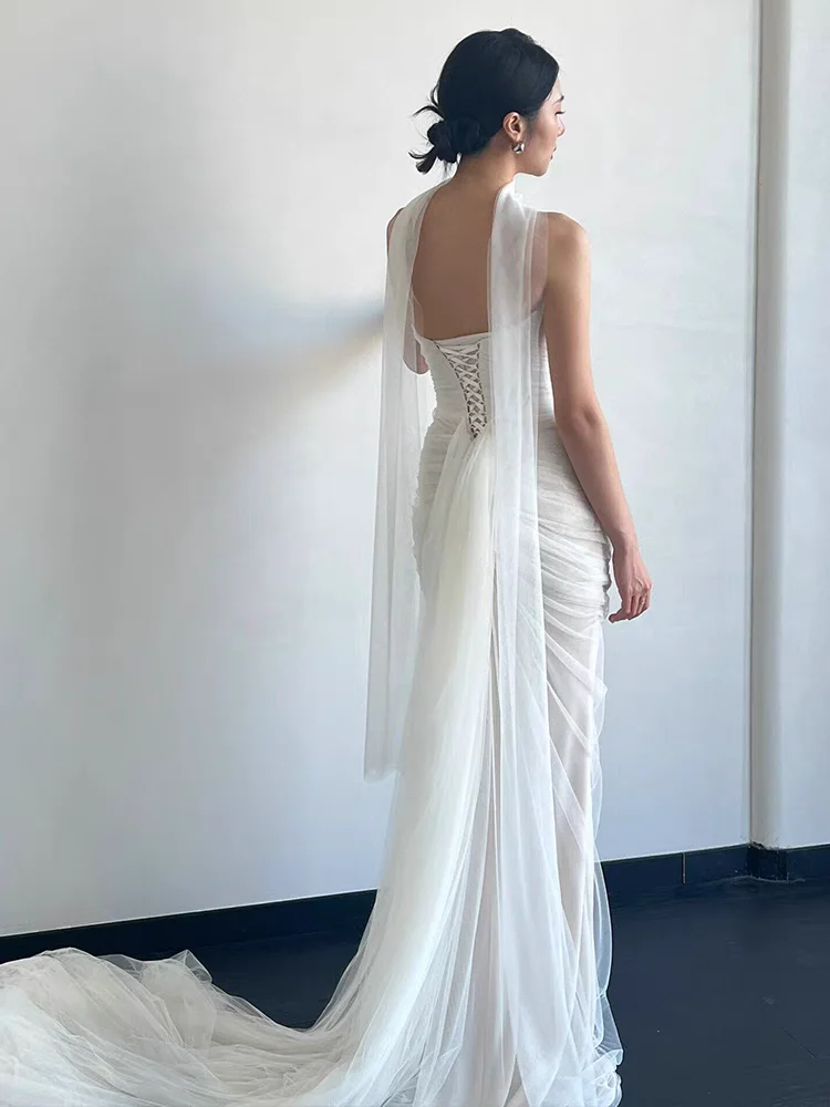 Ele White Satin Fi Tail Evening Dr Wedding Gown Simple Princ Sle Bridal Outfit Guest eeting Long Skirt