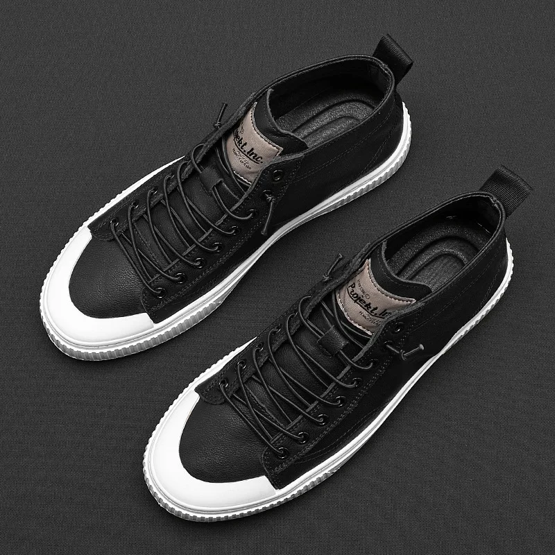 100% Genuine Leather Shoes Men High top Footwear Fashion Street Style Black White Shoes Mens Casual Shoes Big Size 45 KA4326