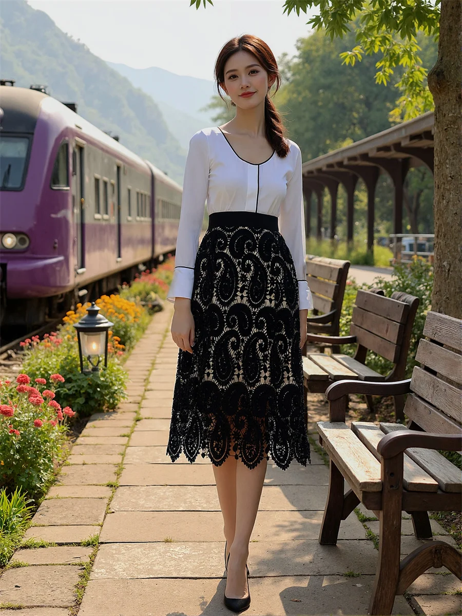 Midi dentelle Vintage jupes femmes épissage gâteau Patchwork couches plissées à plusieurs niveaux romantique élégant Feminina artistique doux polyvalent