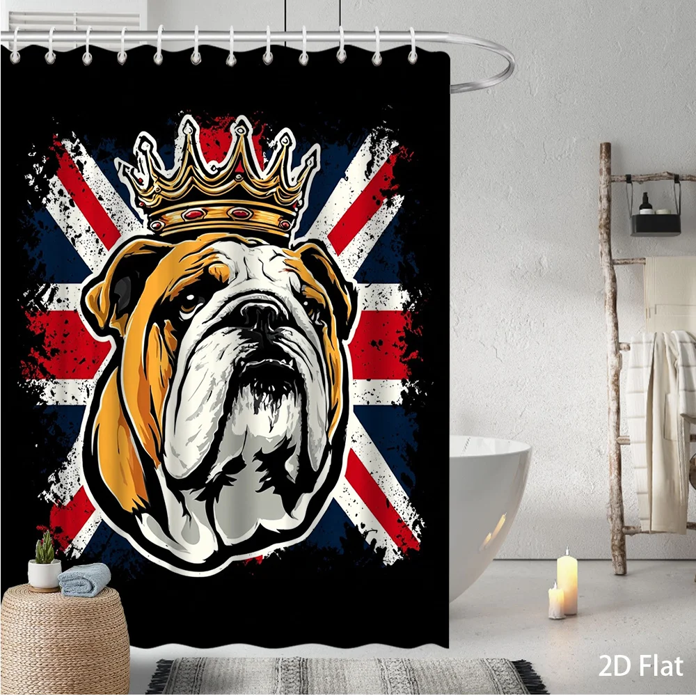 Shower Curtain Bulldog Crown Union Jack British Flag Black Background Polyester 70.8x70.8 Inch Machine Washable