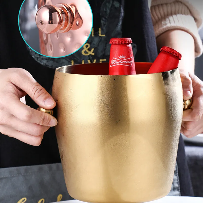 2023 High Quality Stainless Steel Thickened Gold Ice Bucket KTV Bar Supplies Champagne Bucket Ice Granule Bucket Creativity