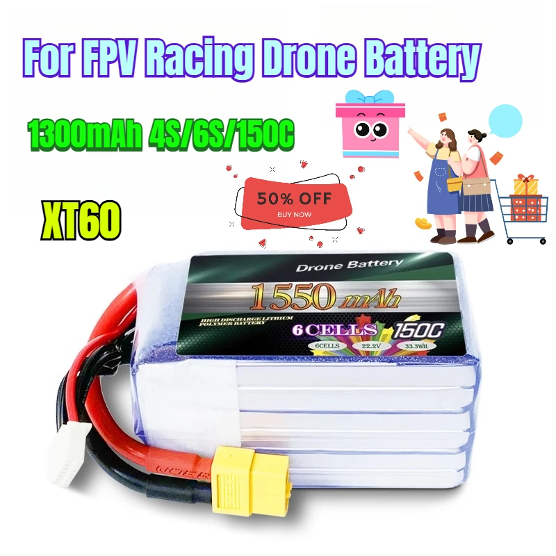 

1300mAh 4S/6S/150C XT60 Rechargeable Batteries for FPV Racing Drone Battery